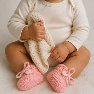 Handmade Crochet Baby Booties – Pink & White | Soft Newborn Shoes (0–3 Months)